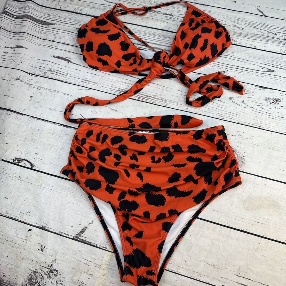 Red Black Leopard Print High Waisted Bikini Set 2 Piece Swimsuit Plus Size 0XL